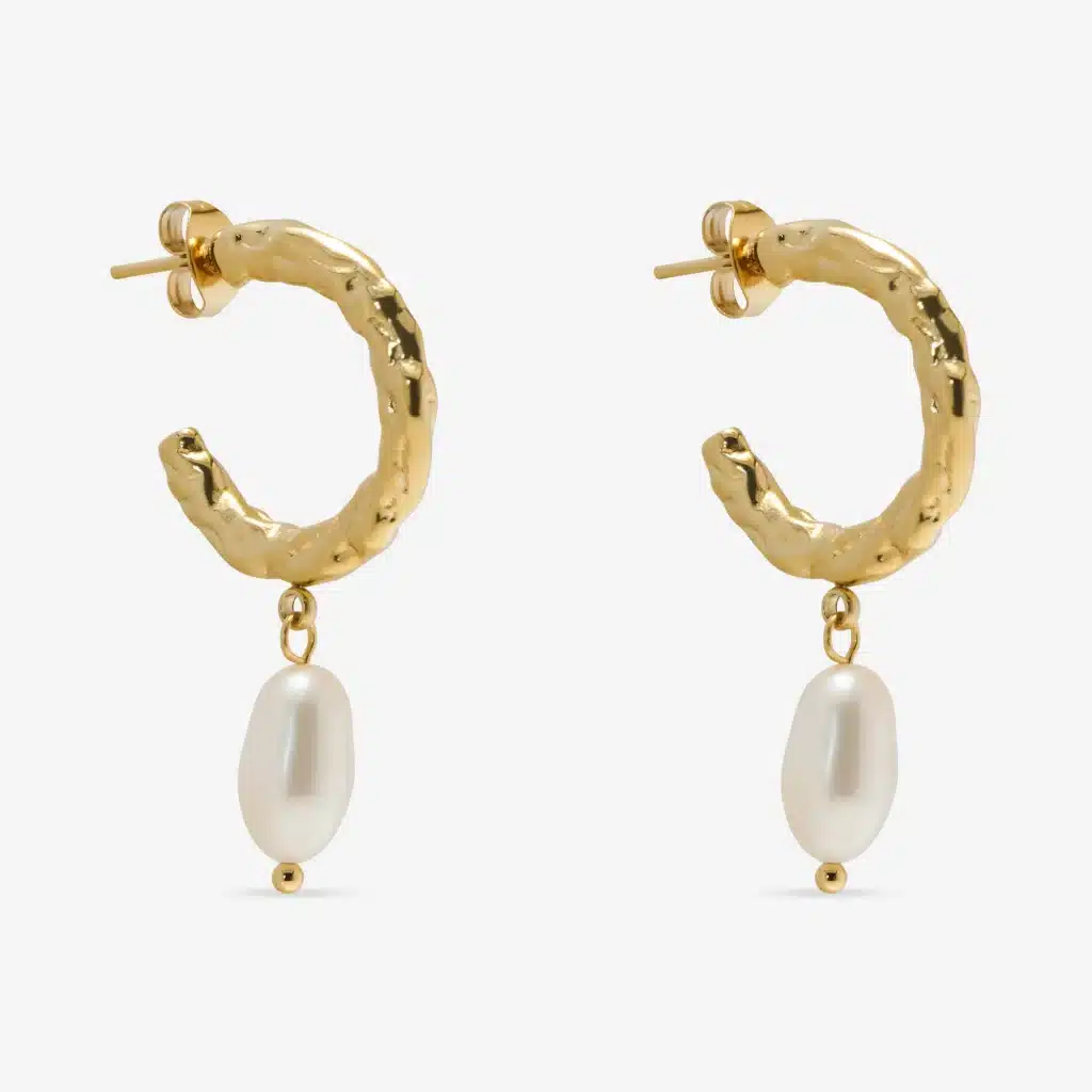 Molten Baroque Pearl Hoops in 14k gold PVD - waterproof Aelva jewellery